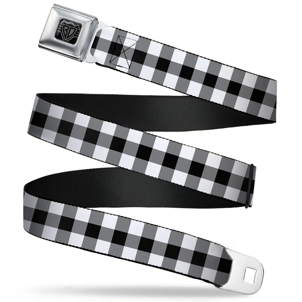 BD Wings Logo CLOSE-UP Full Color Black Silver Seatbelt Belt - Buffalo Plaid Black/White Webbing