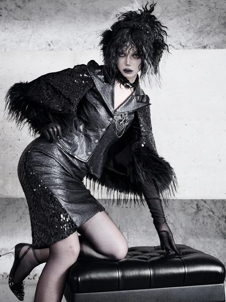 Black Fluffy Cuffs Goth Style Gloves