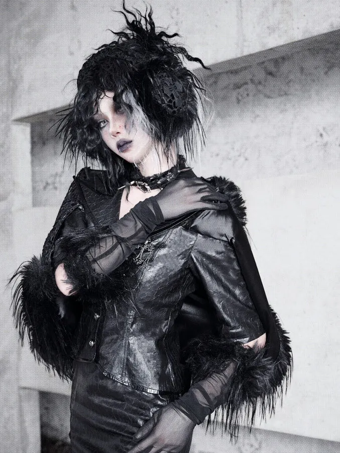 Black Fluffy Cuffs Goth Style Gloves