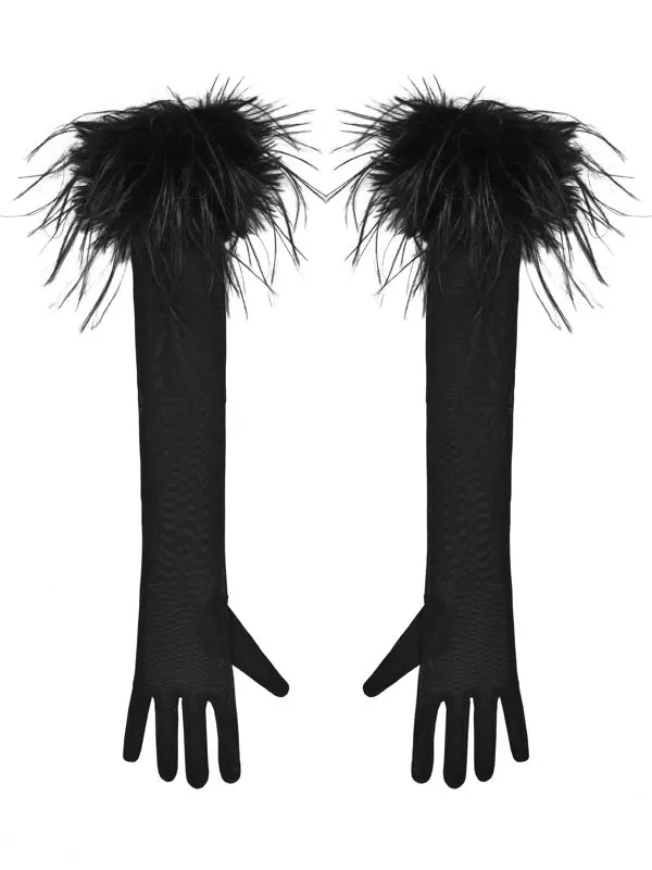 Black Fluffy Cuffs Goth Style Gloves