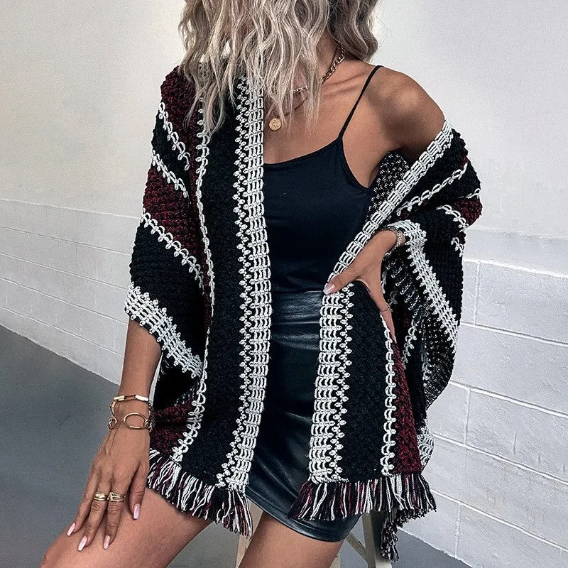 Contrast Color Tassled Knitted Shawl Scarf