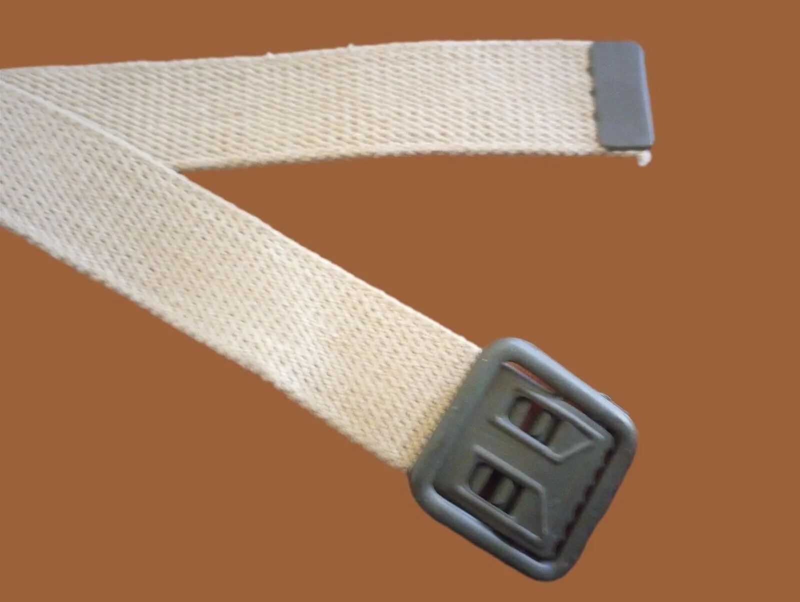 MILITARY ISSUE FRENCH ARMY KHAKI WEB BELT WITH OPEN FACE BUCKLE LARGE ORIGINAL