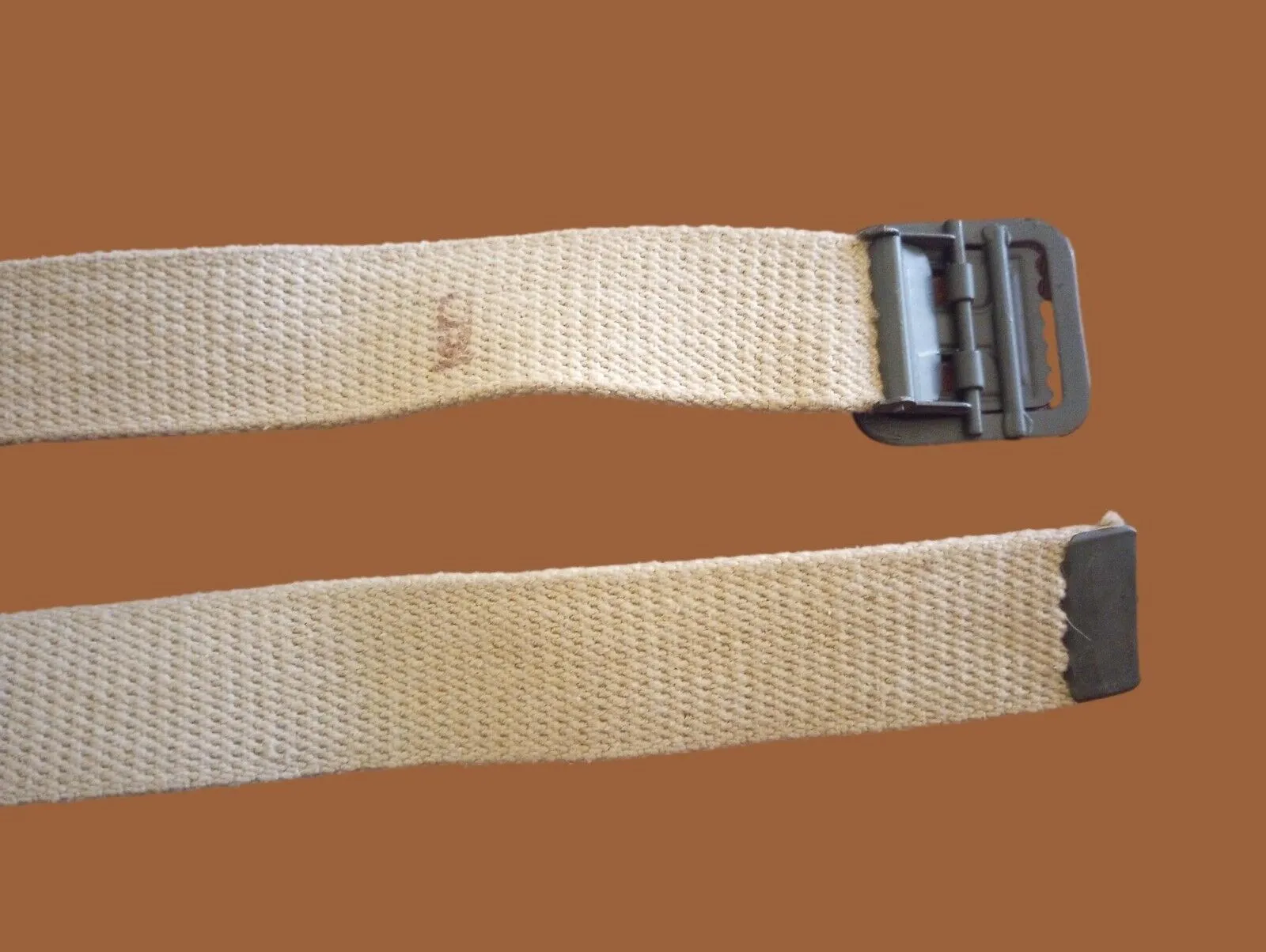 MILITARY ISSUE FRENCH ARMY KHAKI WEB BELT WITH OPEN FACE BUCKLE LARGE ORIGINAL