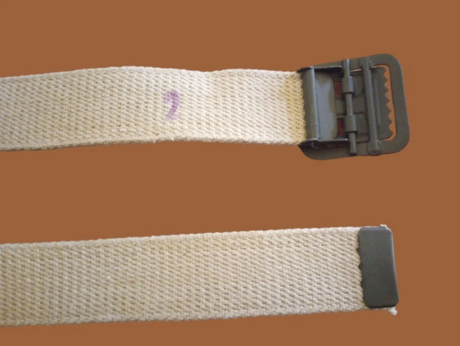 MILITARY ISSUE FRENCH ARMY KHAKI WEB BELT WITH OPEN FACE BUCKLE LARGE ORIGINAL