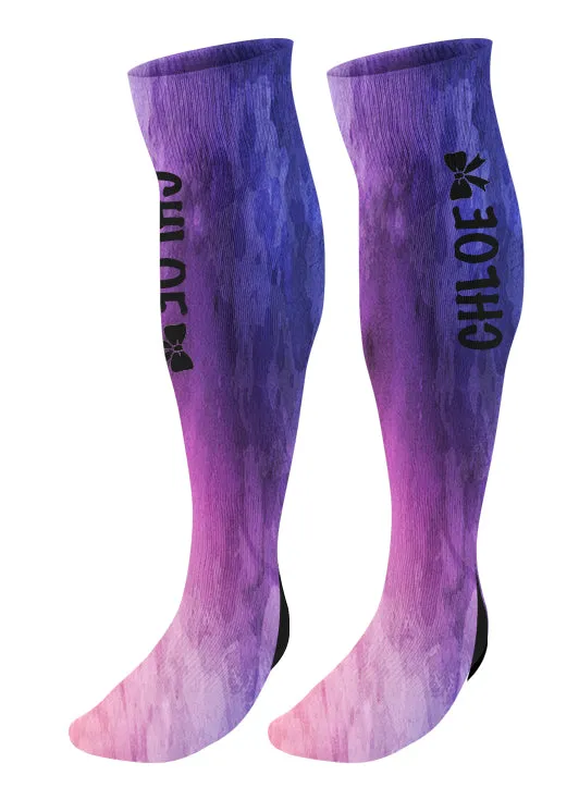 Personalized Cheer Bow Knee High Socks, Watercolor Background, Custom Cheer Team Socks