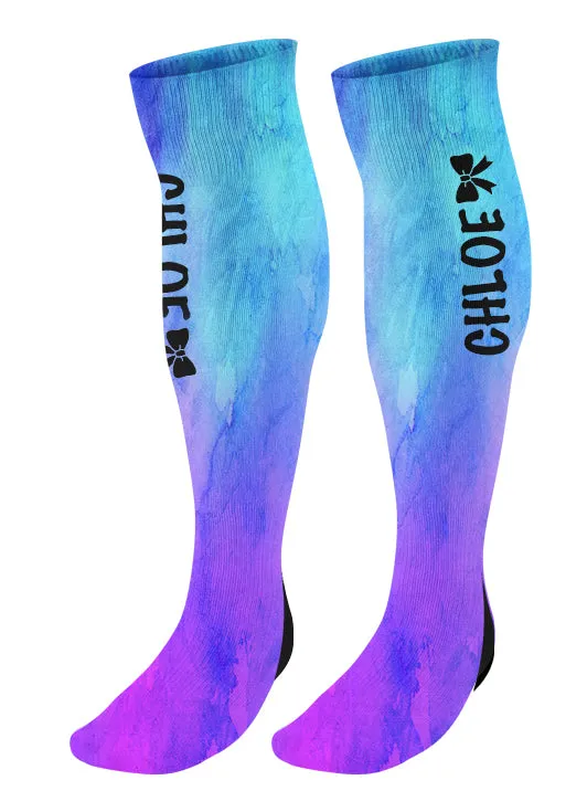 Personalized Cheer Bow Knee High Socks, Watercolor Background, Custom Cheer Team Socks