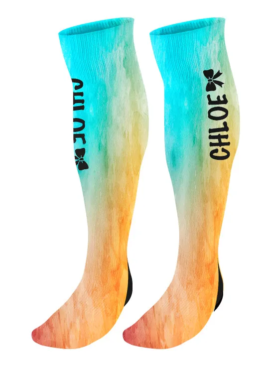 Personalized Cheer Bow Knee High Socks, Watercolor Background, Custom Cheer Team Socks