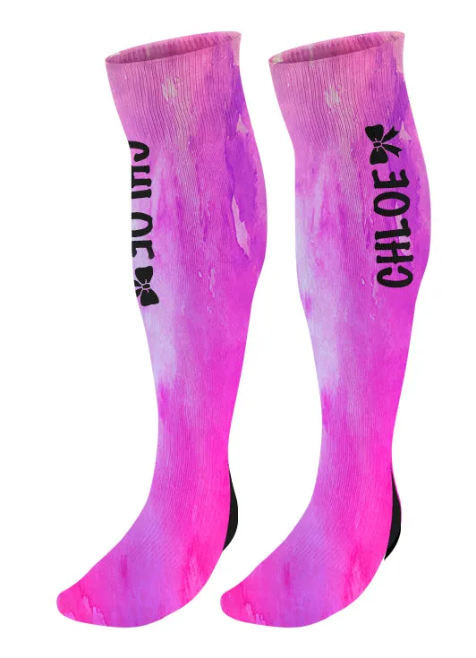 Personalized Cheer Bow Knee High Socks, Watercolor Background, Custom Cheer Team Socks
