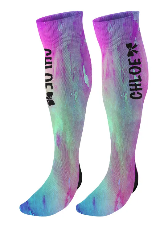 Personalized Cheer Bow Knee High Socks, Watercolor Background, Custom Cheer Team Socks