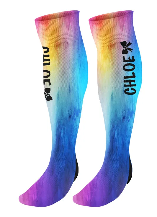 Personalized Cheer Bow Knee High Socks, Watercolor Background, Custom Cheer Team Socks