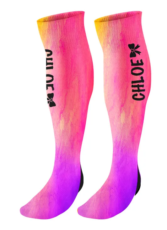 Personalized Cheer Bow Knee High Socks, Watercolor Background, Custom Cheer Team Socks