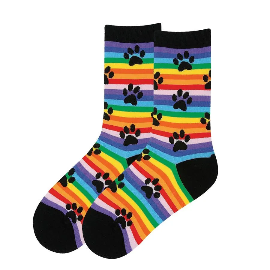 Rainbow Striped Paw Prints Socks (Women's)