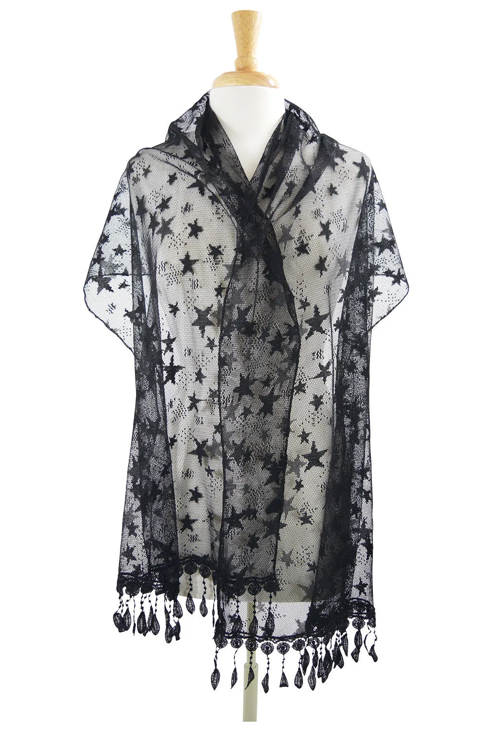 Rockabilly Star Night Stars Burnout Lace Fringes Scarf Shawl