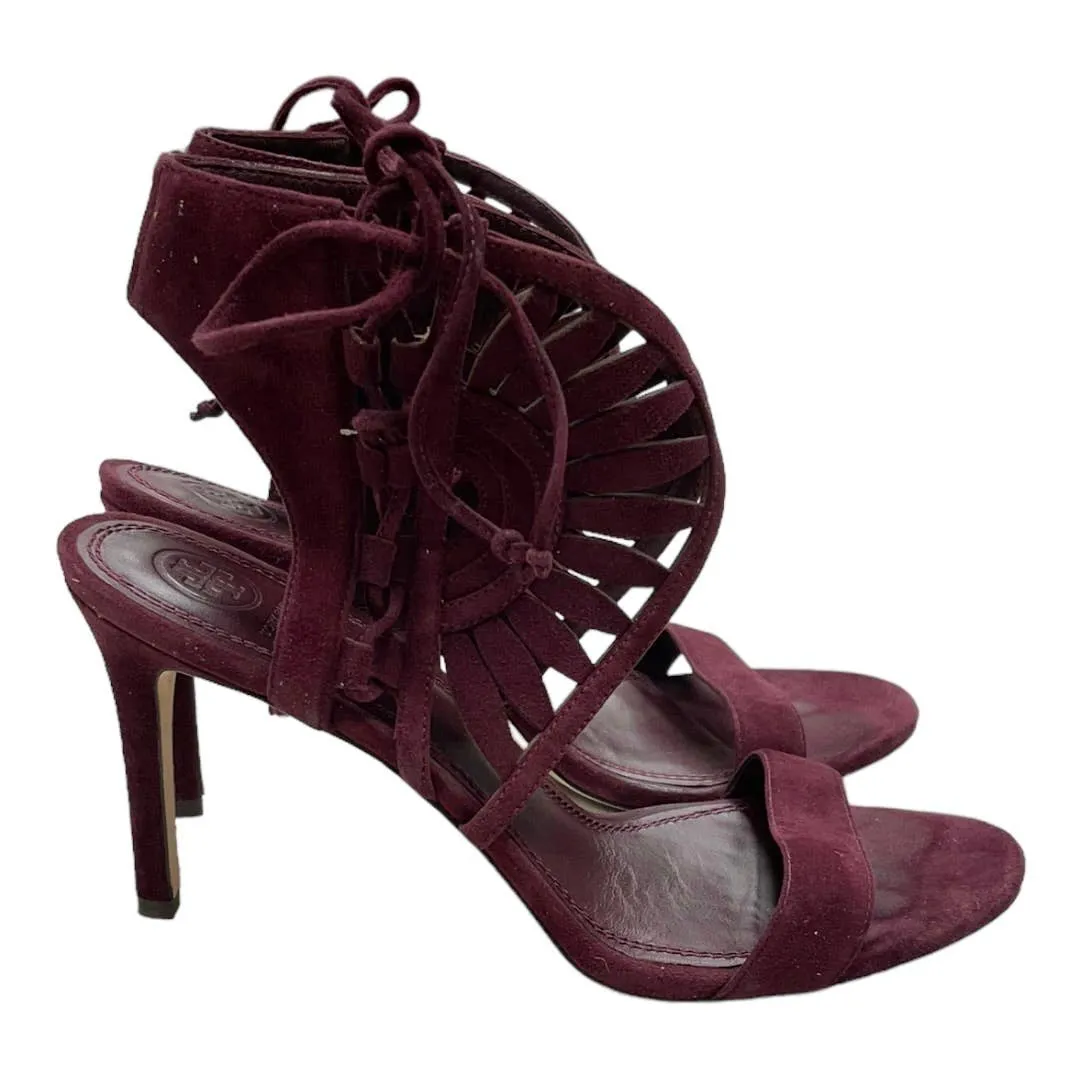 Tory Burch Leyla Cut Out Heels Sandals Shoes Burgundy Suede 9.5