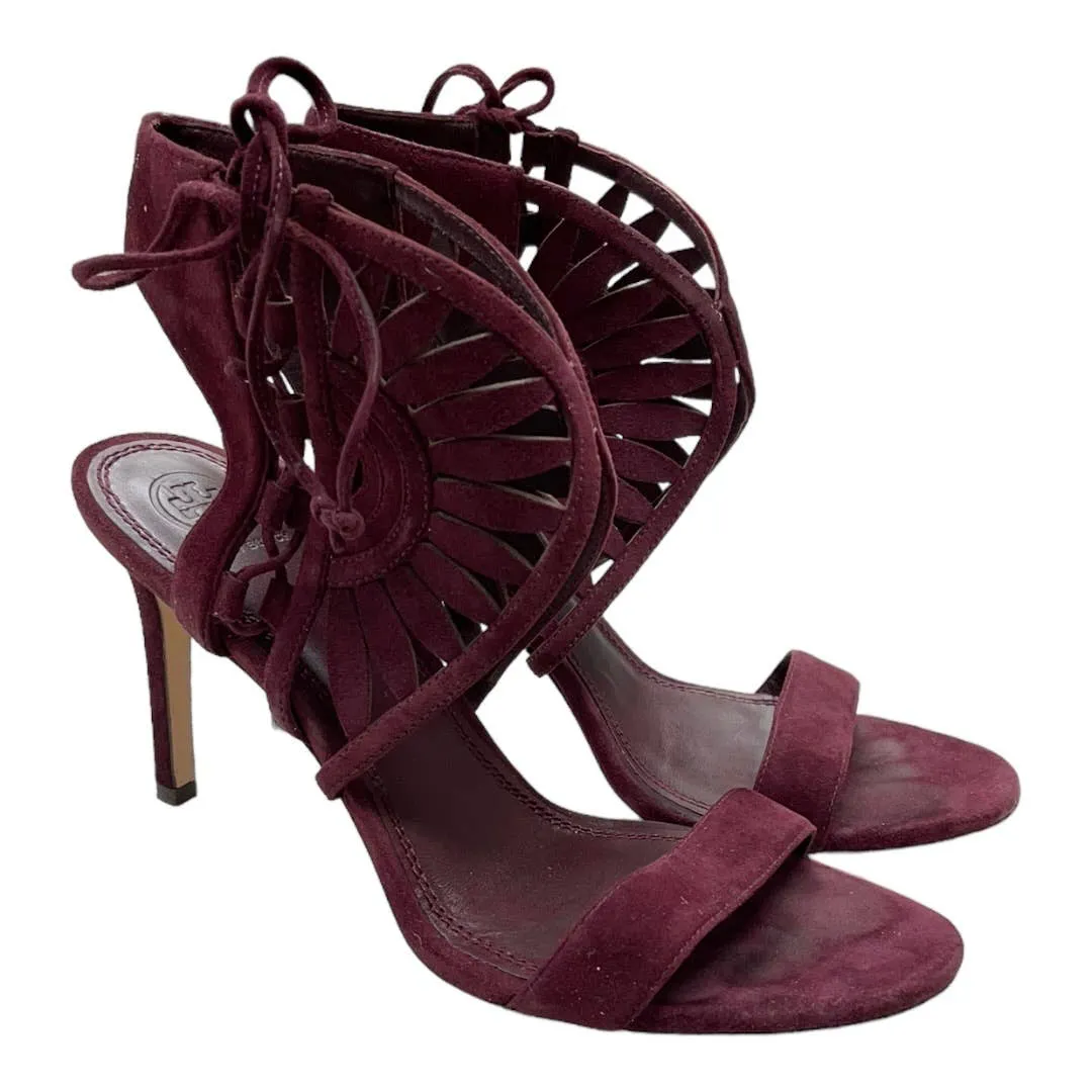 Tory Burch Leyla Cut Out Heels Sandals Shoes Burgundy Suede 9.5