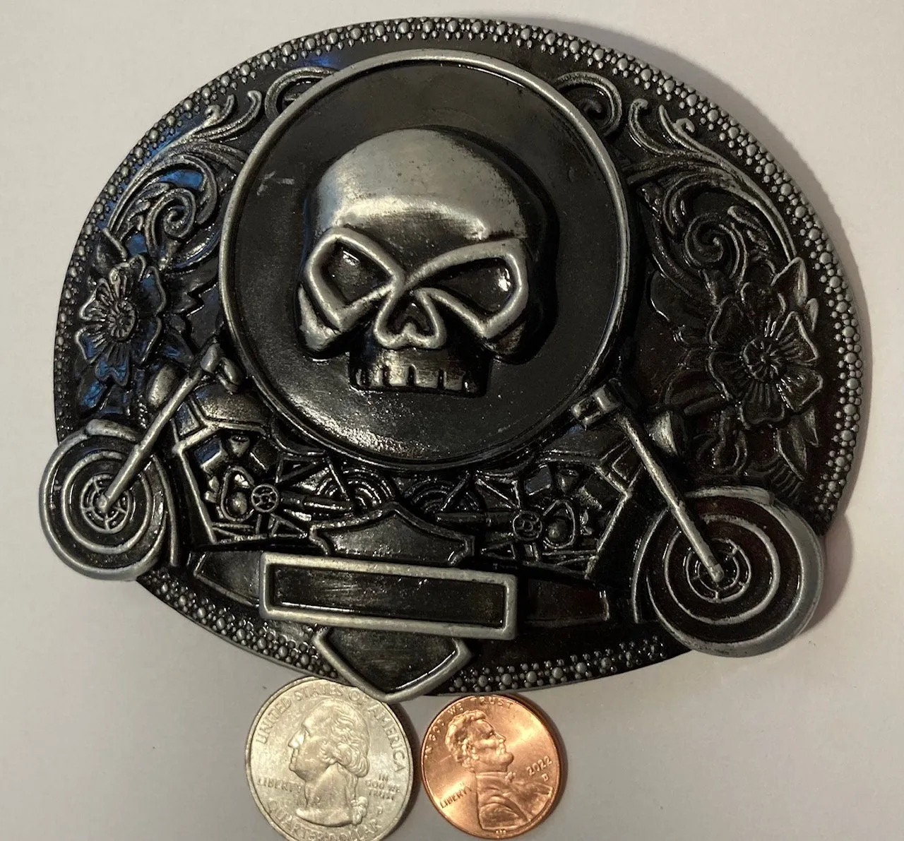 Vintage Metal Belt Buckle, Black Enamel, Skull, Biker, Motorcycle, Nice Western Design, 4" x 3 1/4", Heavy Duty, Quality, Thick Metal