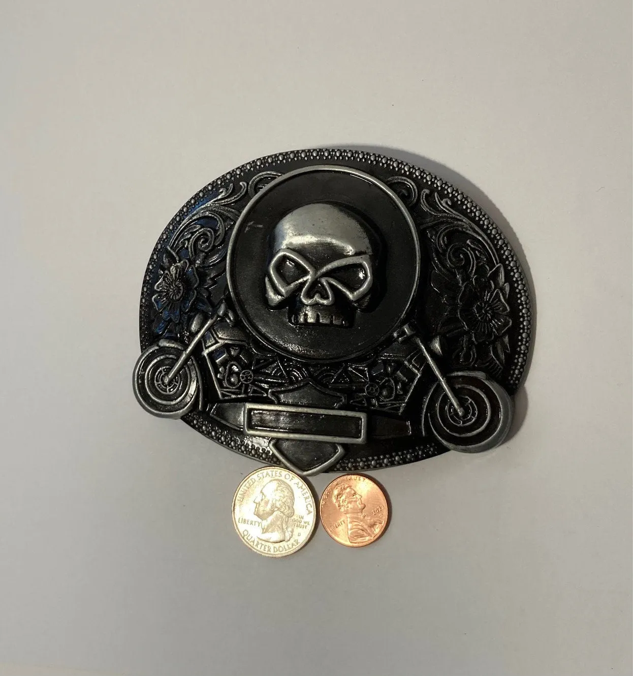 Vintage Metal Belt Buckle, Black Enamel, Skull, Biker, Motorcycle, Nice Western Design, 4" x 3 1/4", Heavy Duty, Quality, Thick Metal